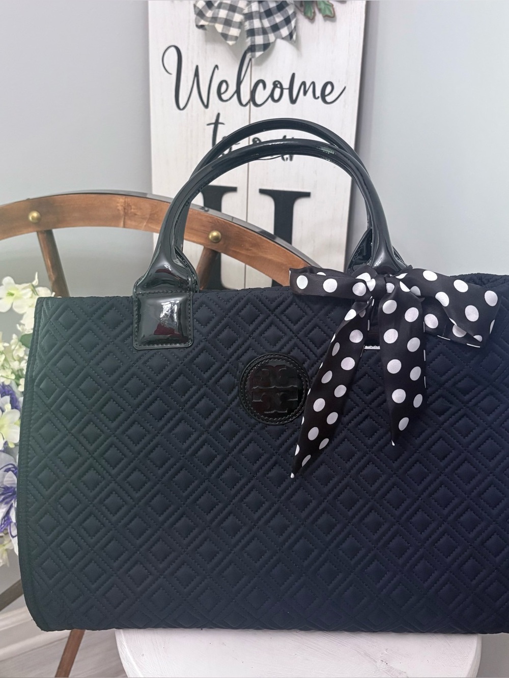 TORY BURCH Black Quilted Satchel Tote with side buttons